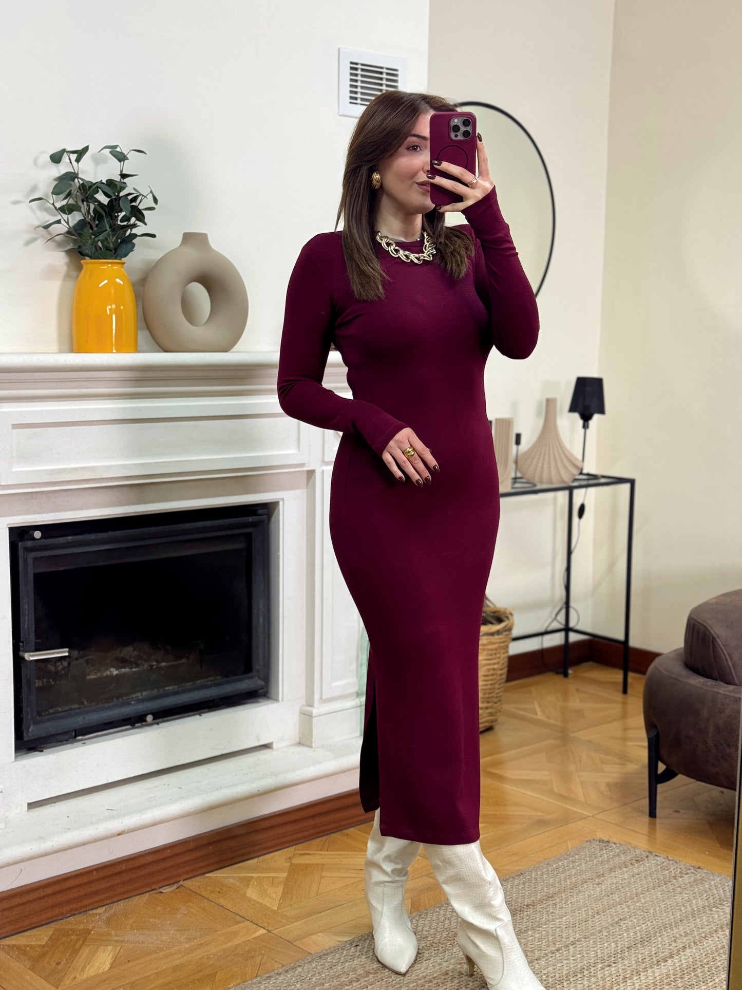 Bisiklet yaka parmak geçirmeli elbise-BORDO