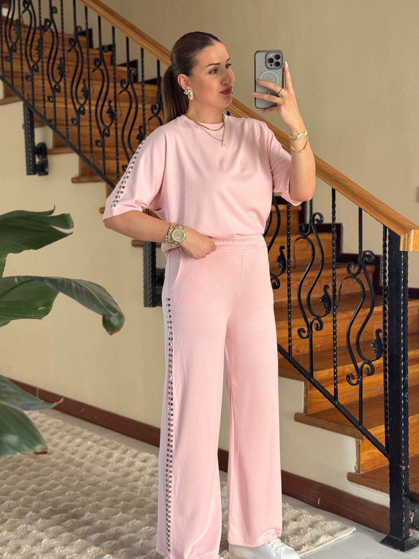 MORİNO taşlı oysh modal takım PEMBE