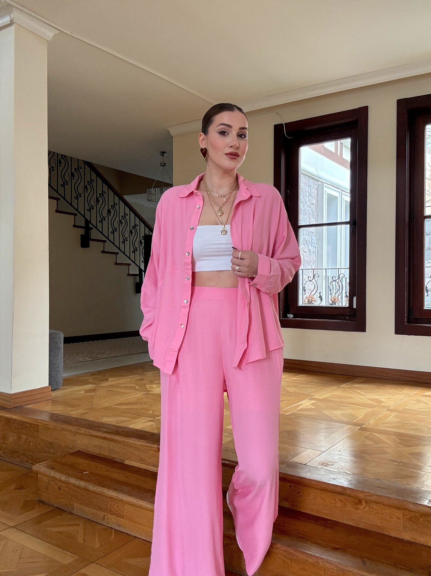 Gofre pantolonlu ikili takım Pembe