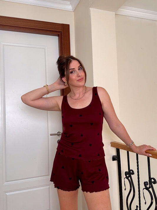 Kalp Baskılı Atletli Pijama Takımı Bordo