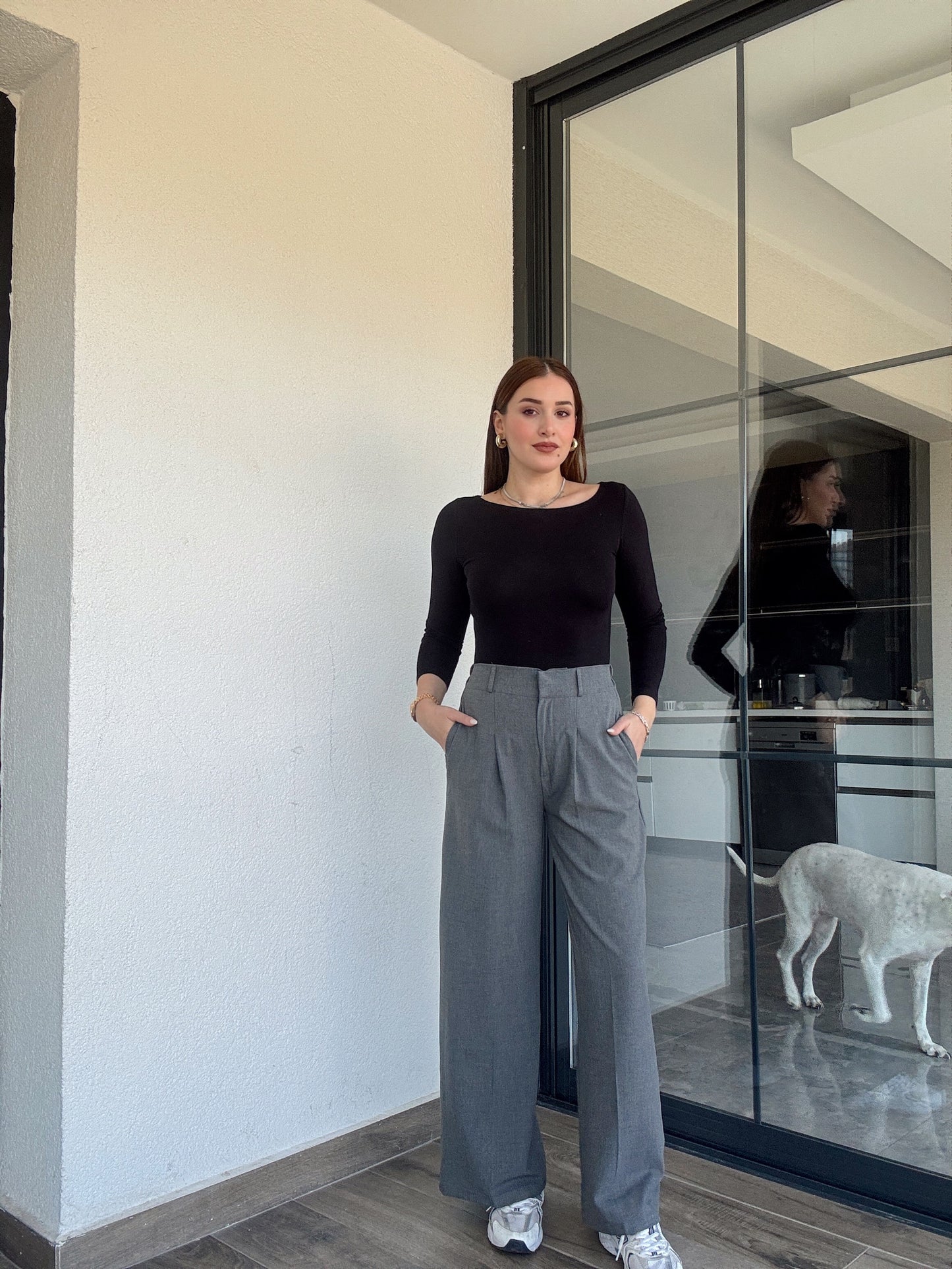 Çıtçıt detaylı palazzo pantolon-GRİ