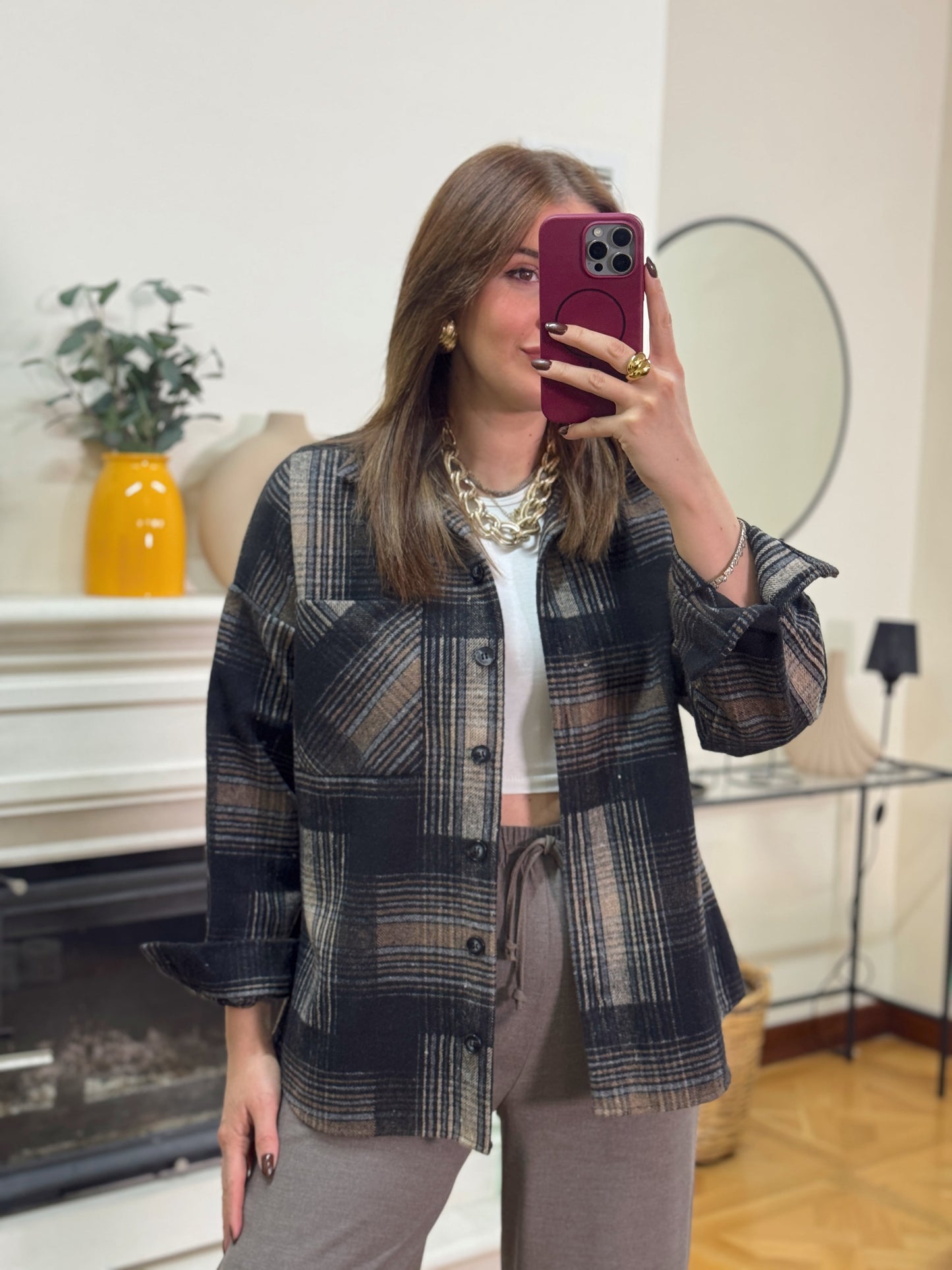 Ekose desen tek cepli gömlek VİZON