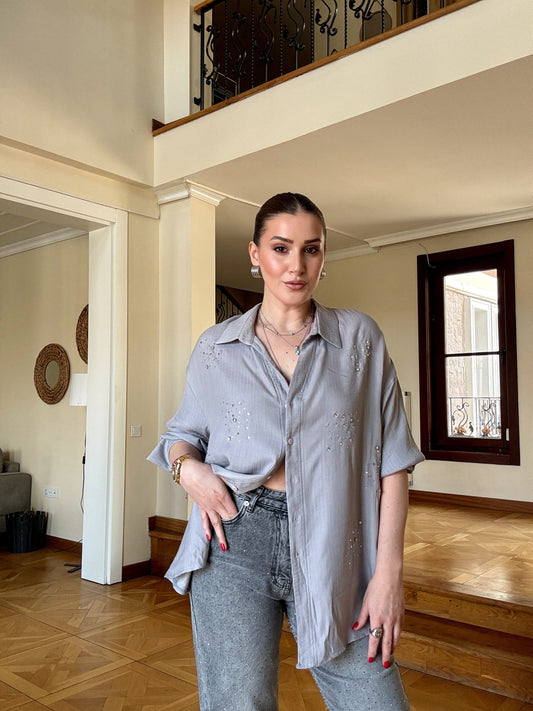 Keten kumaş taşlı oversize gömlek GRİ