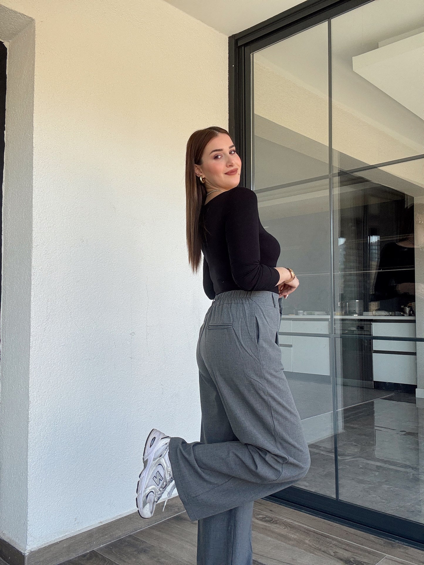 Çıtçıt detaylı palazzo pantolon-GRİ