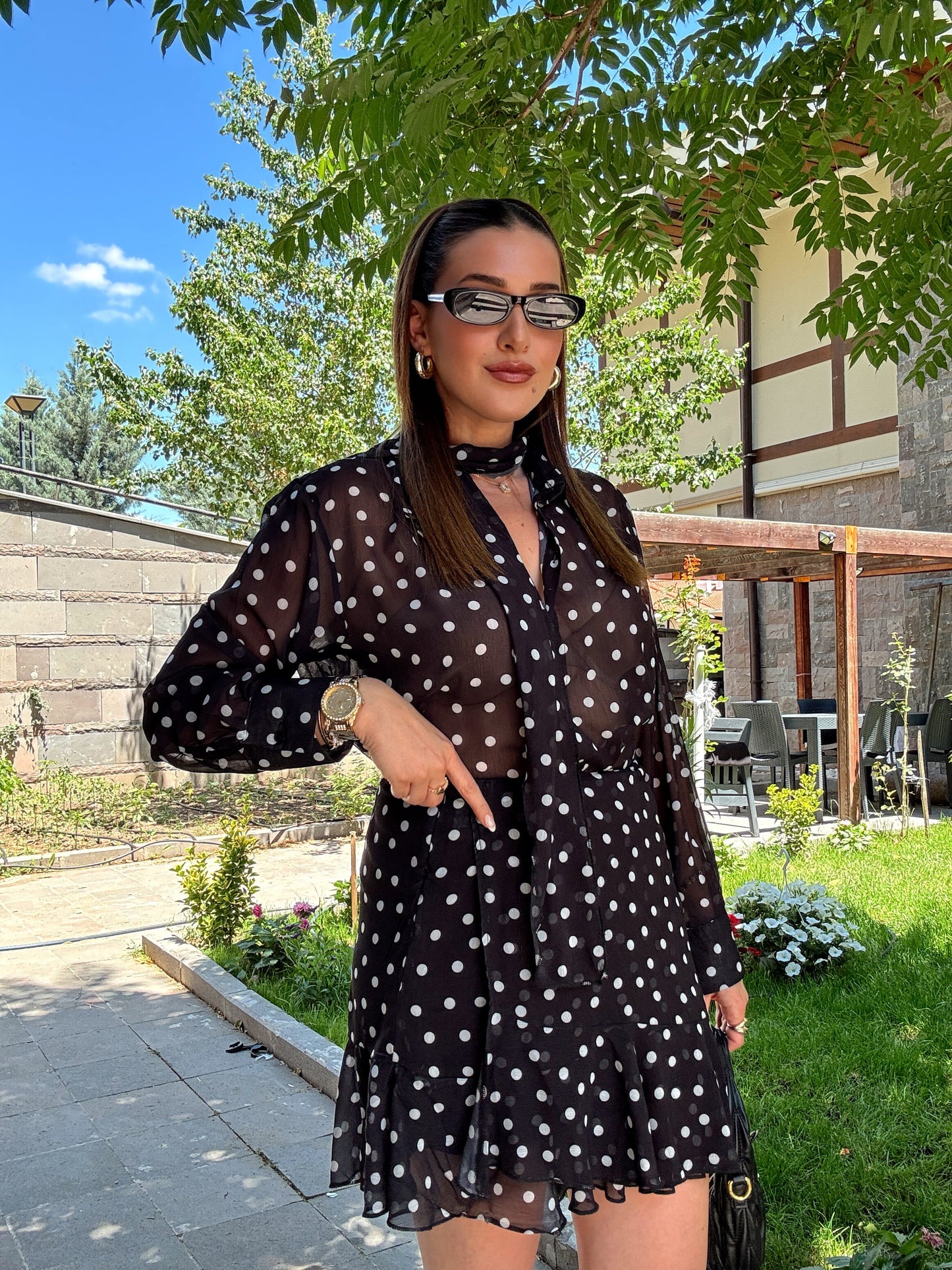 Puantiye desenli fularlı takım Siyah