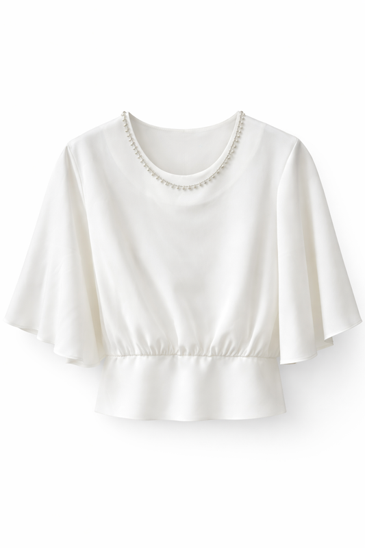 Yakası taş detaylı saten bluz BEYAZ