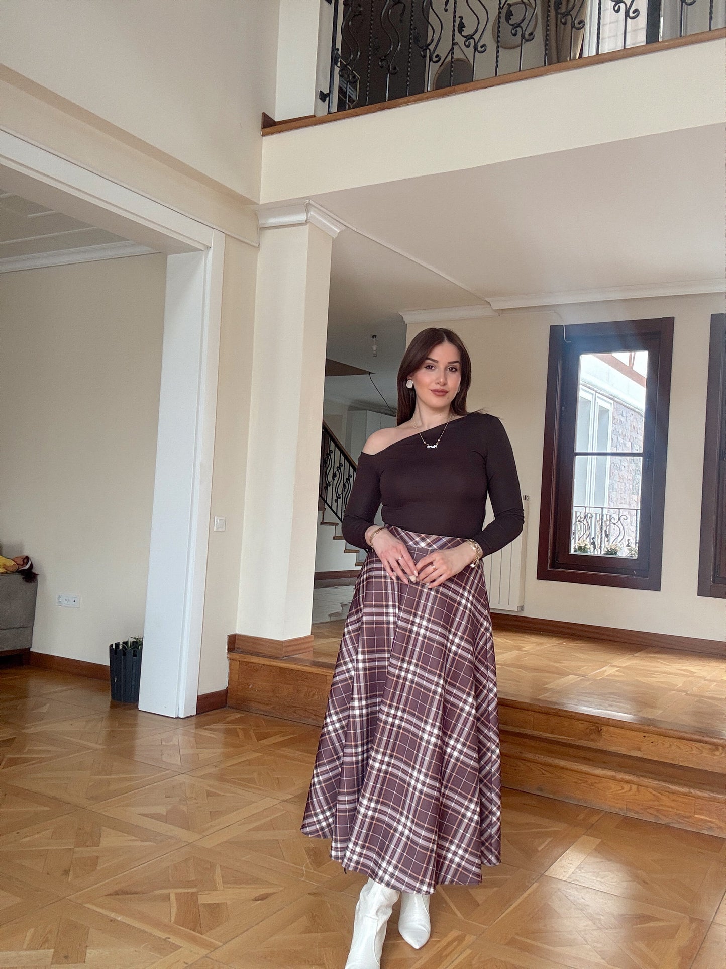 Scuba kumaş ekose etek-KAHVERENGİ