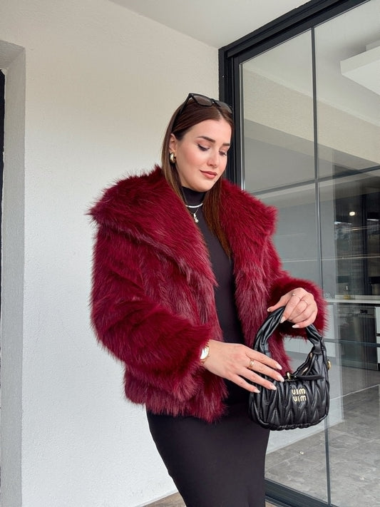 Geniş yaka astarlı kürklü mont-BORDO