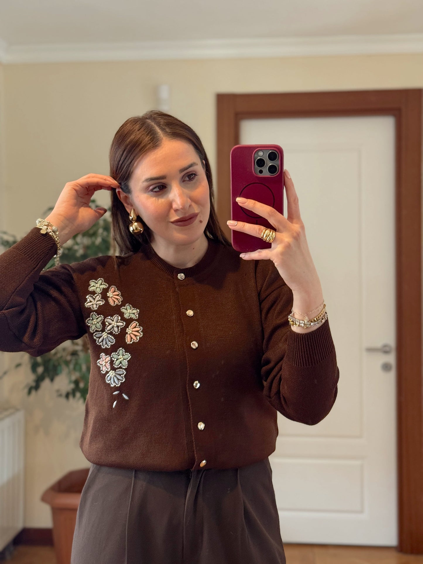 Papatya çiçekli hırka KAHVERENGİ