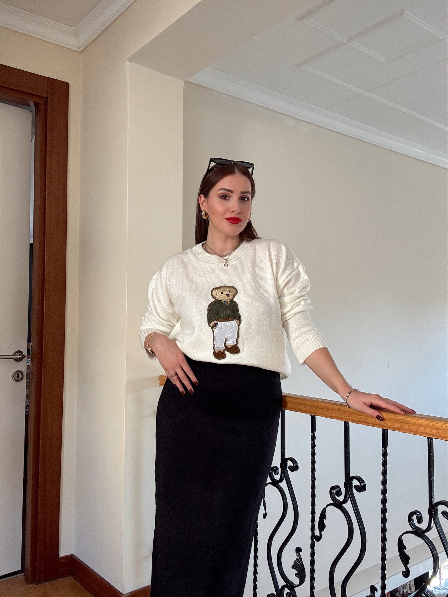 Ayıcık İşleme Yumoş Triko Kazak - EKRU-YEŞİL