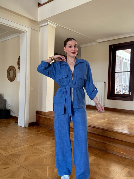 Kuşaklı Keten Takım İndigo
