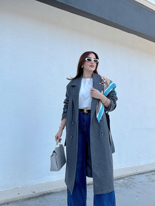 Kolu Apoletli Kaşe Kaban Gri