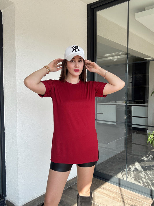 Viskon Sıfır Yaka Kısa Kol Tişört - BORDO
