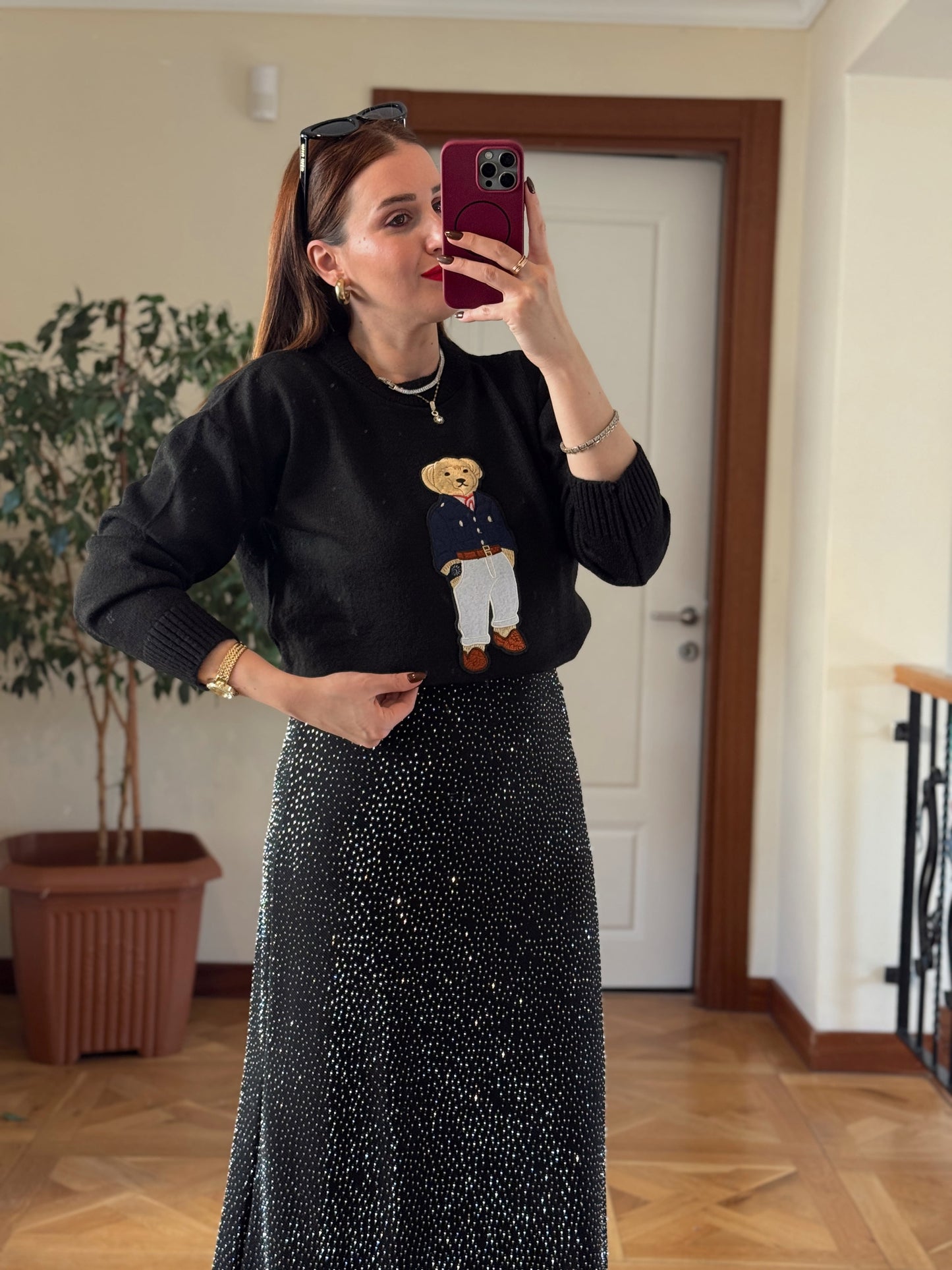 Ayıcık İşleme Yumoş Triko Kazak - SİYAH-LACİVERT