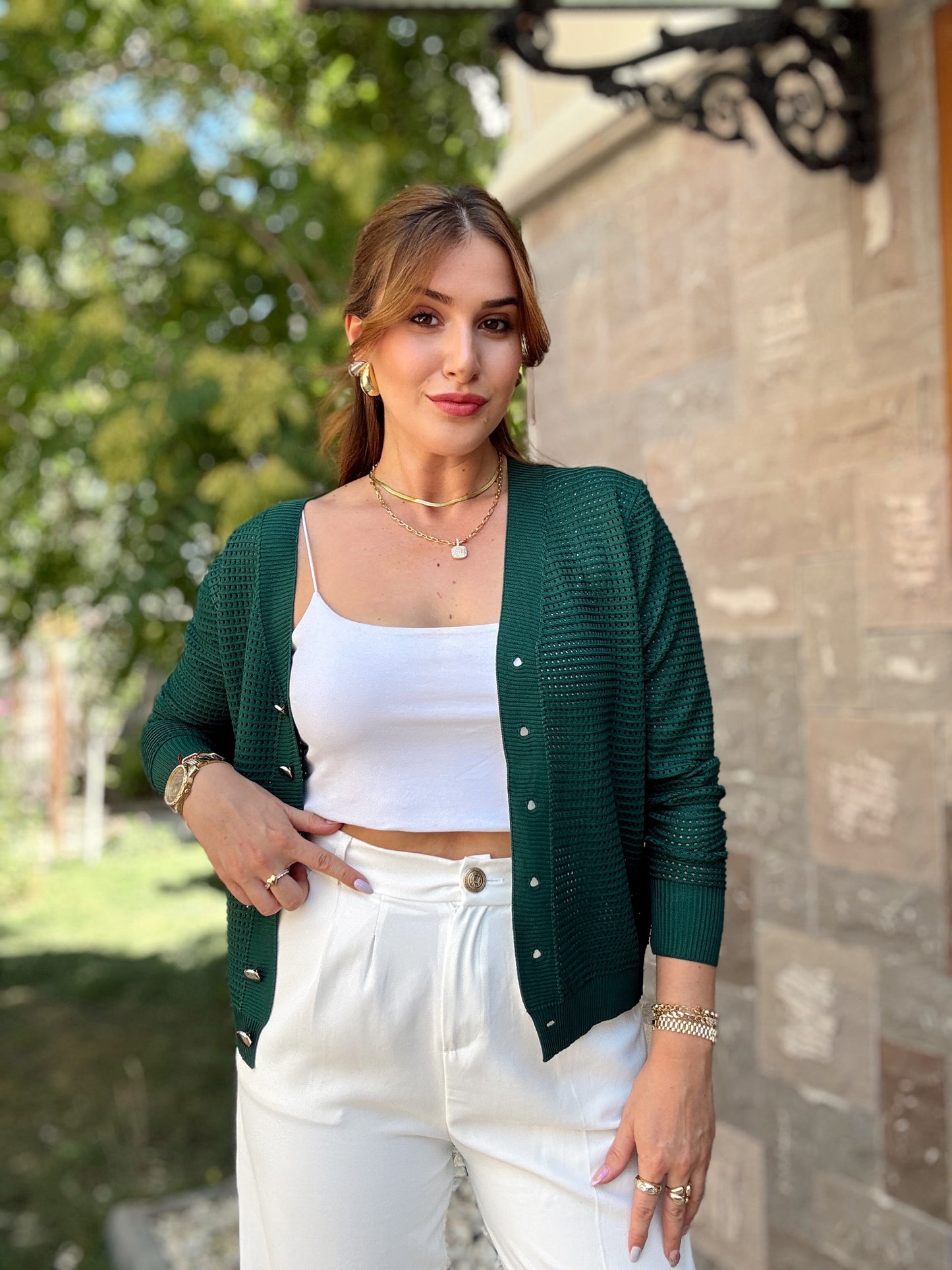 Delikli gold düğme merserize hırka YEŞİL