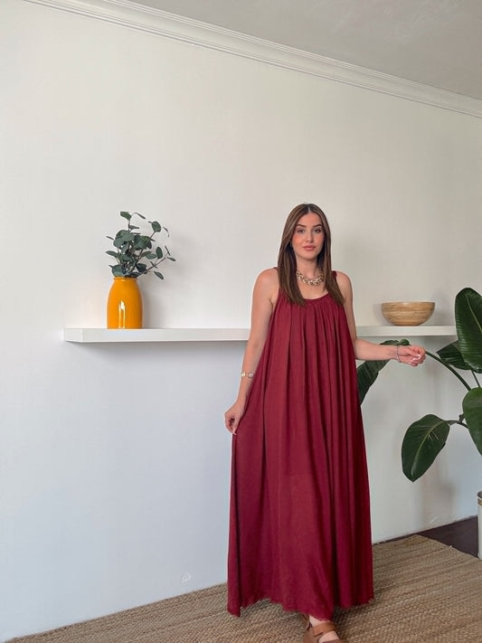 Viskon Vual İp Askılı Elbise Bordo