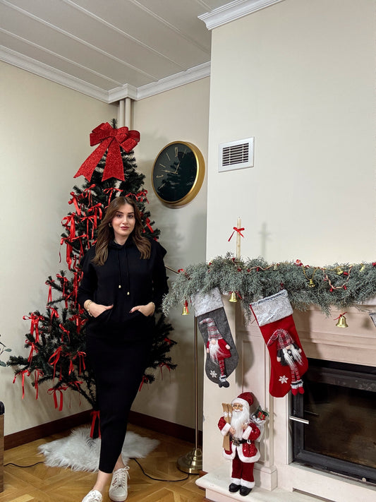 Kapşonlu jileli elbise-SİYAH