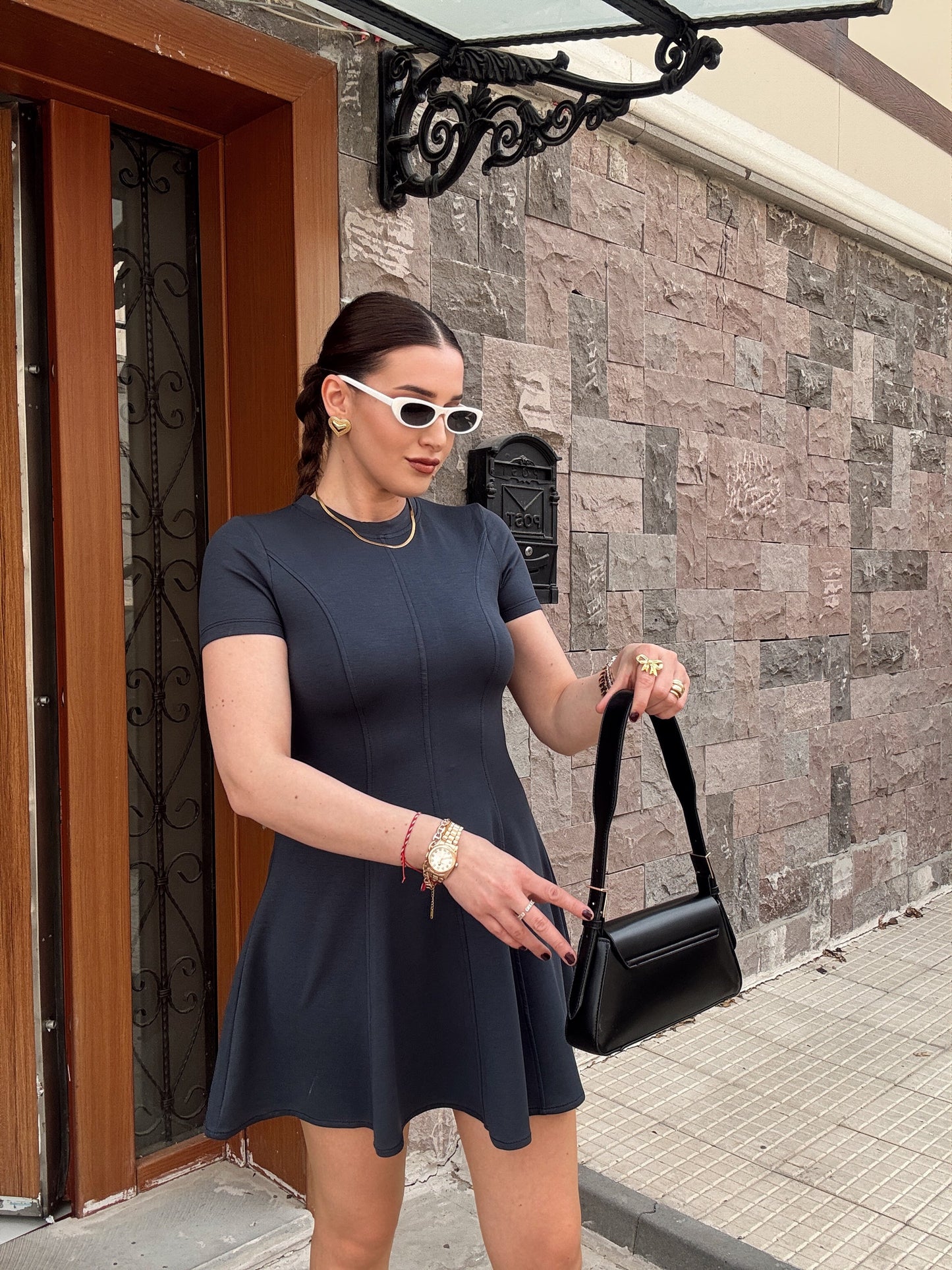 Biyeli volanlı basic elbise GRİ