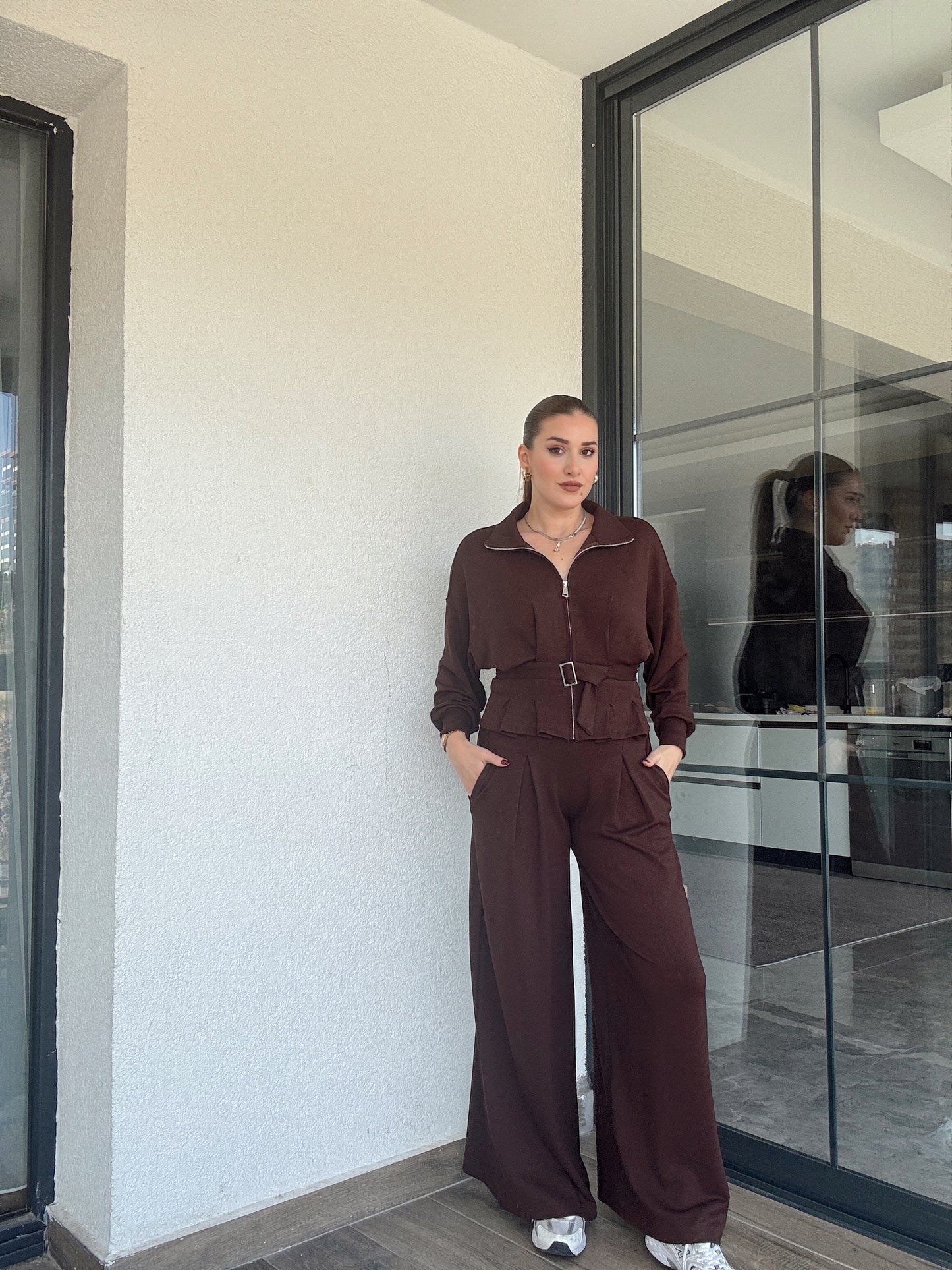 Modal kumaş dik yaka etek pileli ceket pantolon takım-KAHVERENGİ