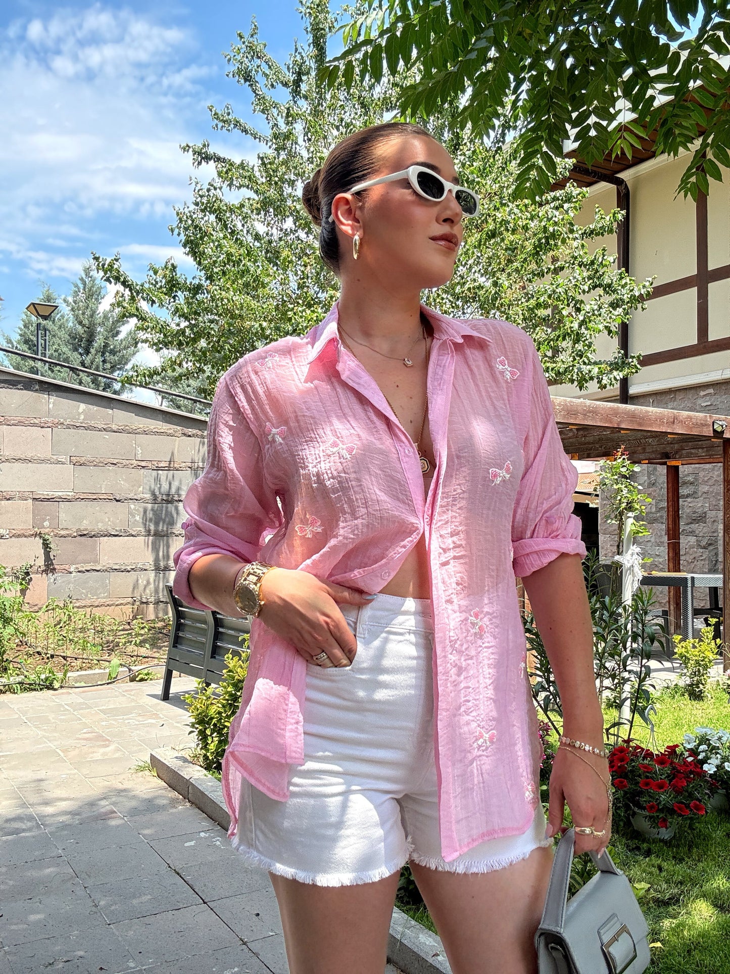 Kurdele Nakışlı Gömlek Pembe