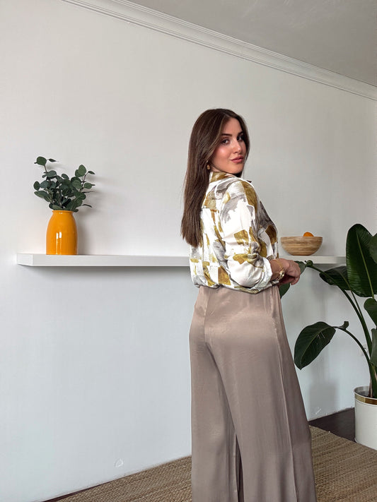 Beli lastikli saten bol paça pantolon VİZON