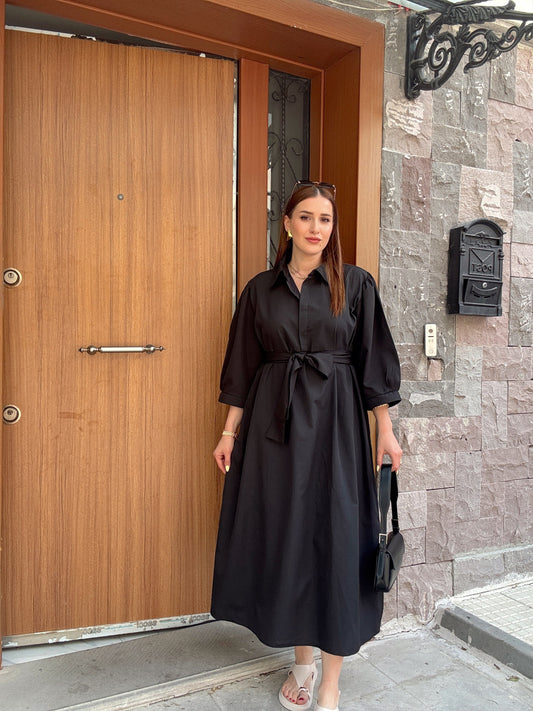 Kuşak detaylı düğmeli poplin elbise SİYAH
