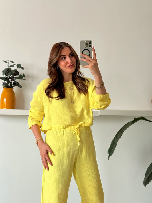 Keten uzun kol crop pantolon ikili takım SARI