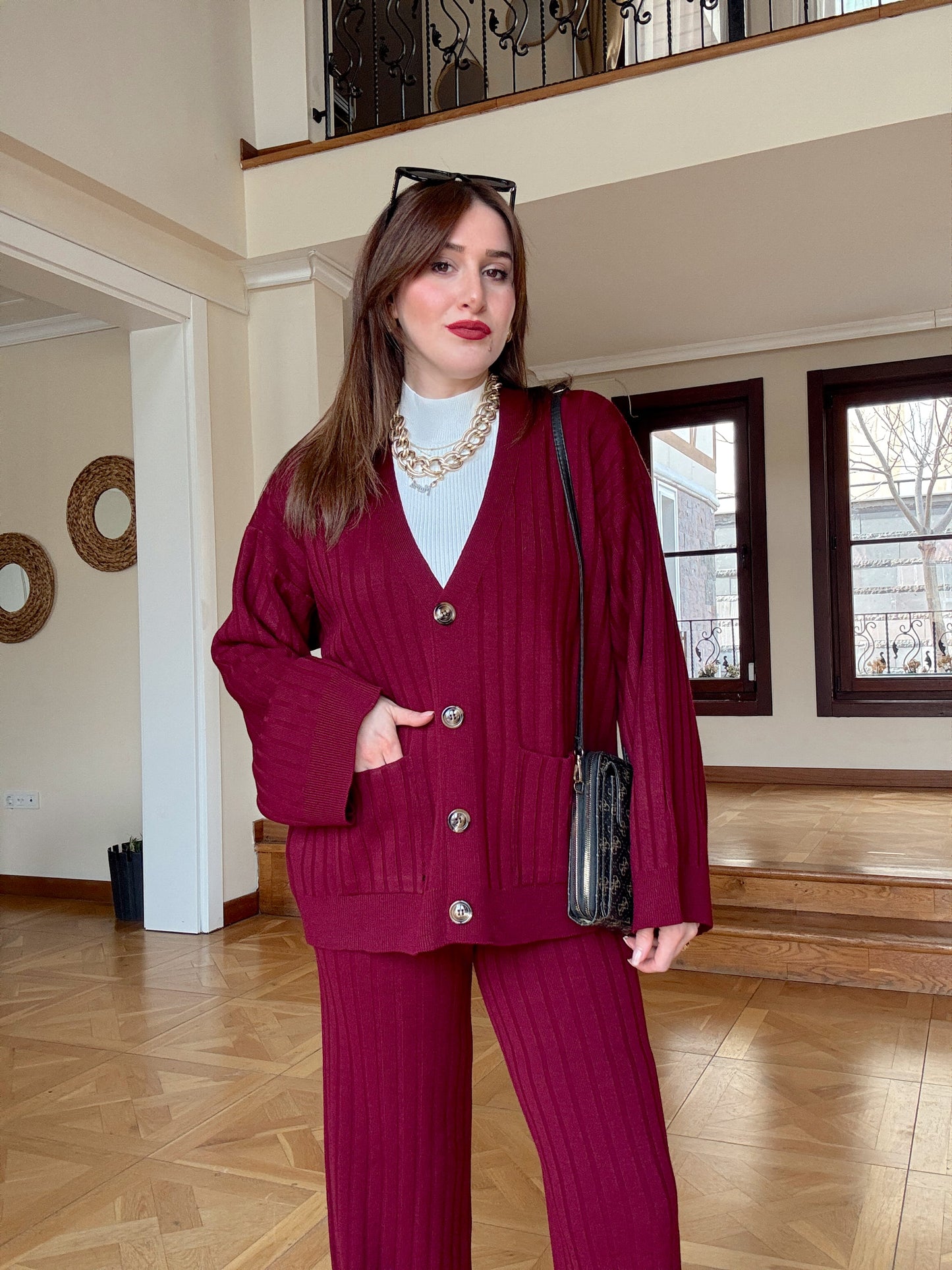 Düğmeli salaş triko takım Bordo