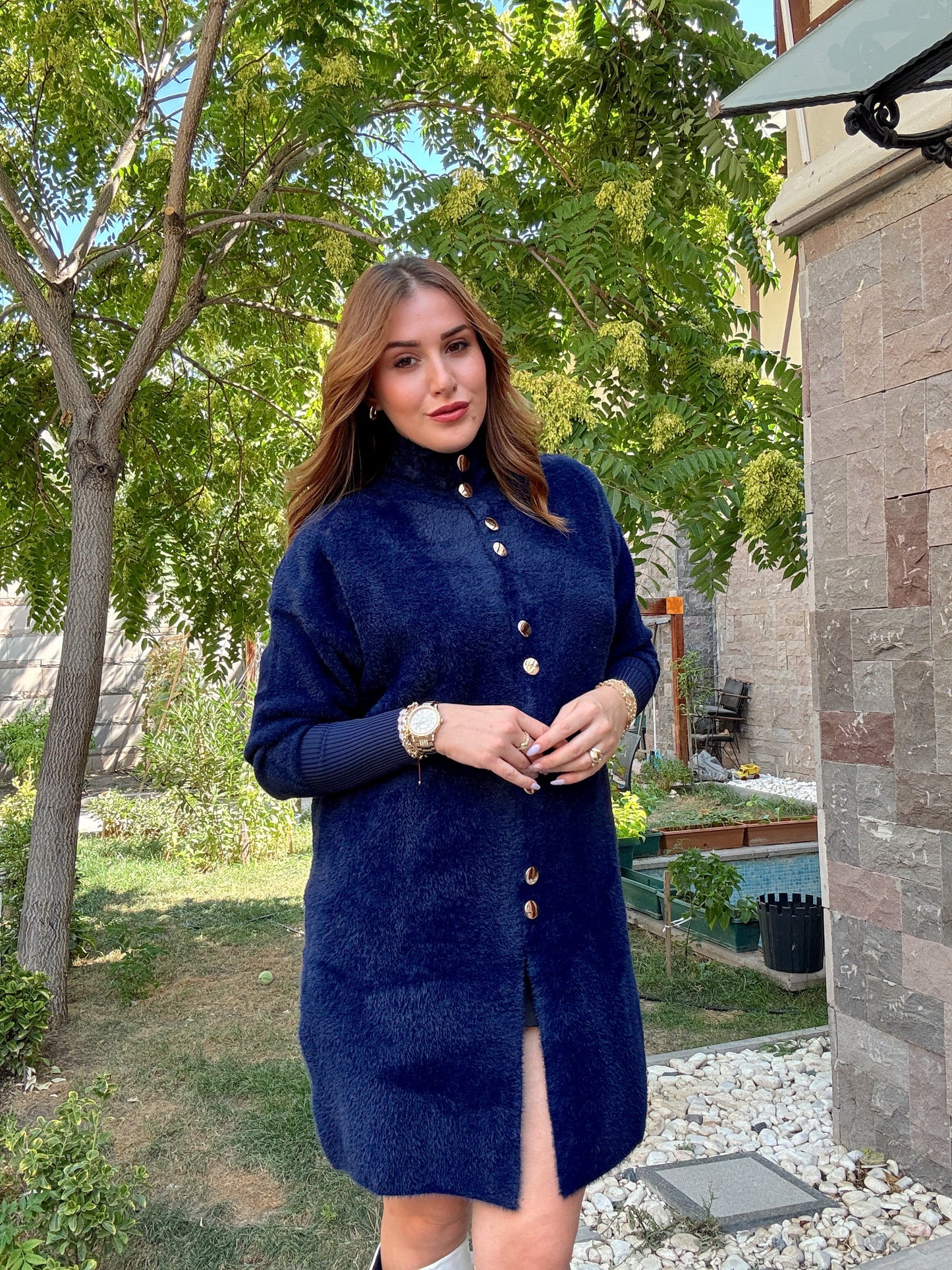 Sakal kumaş düğmeli premium hırka Lacivert