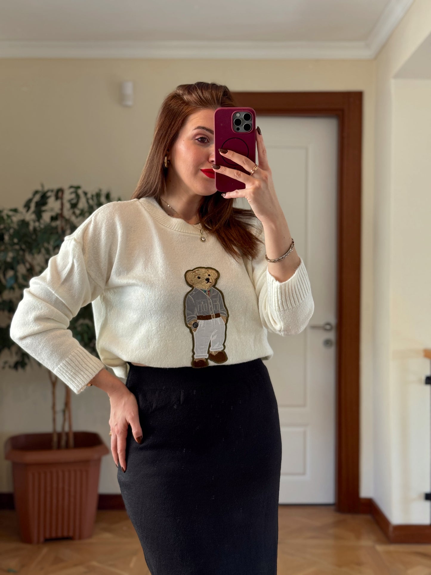 Ayıcık İşleme Yumoş Triko Kazak - EKRU-GRİ