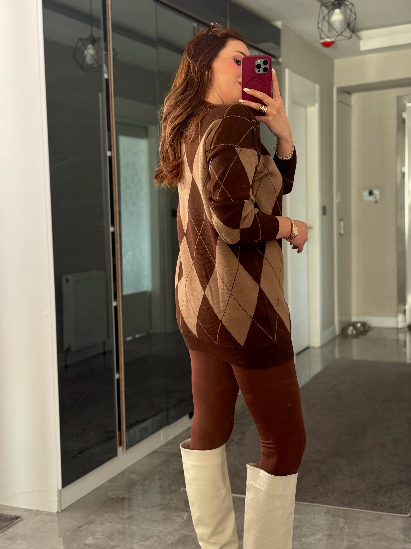 Pike Örgü Baklava Desenli Kazak ACI KAHVE