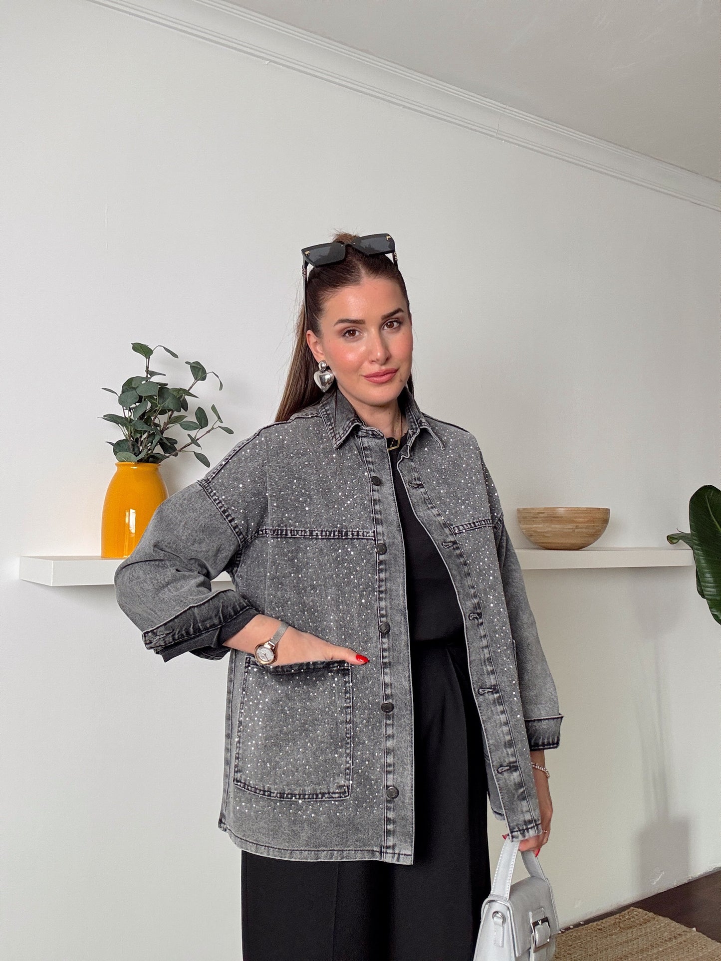 Cepli Taşlı oversize jean ceket Füme