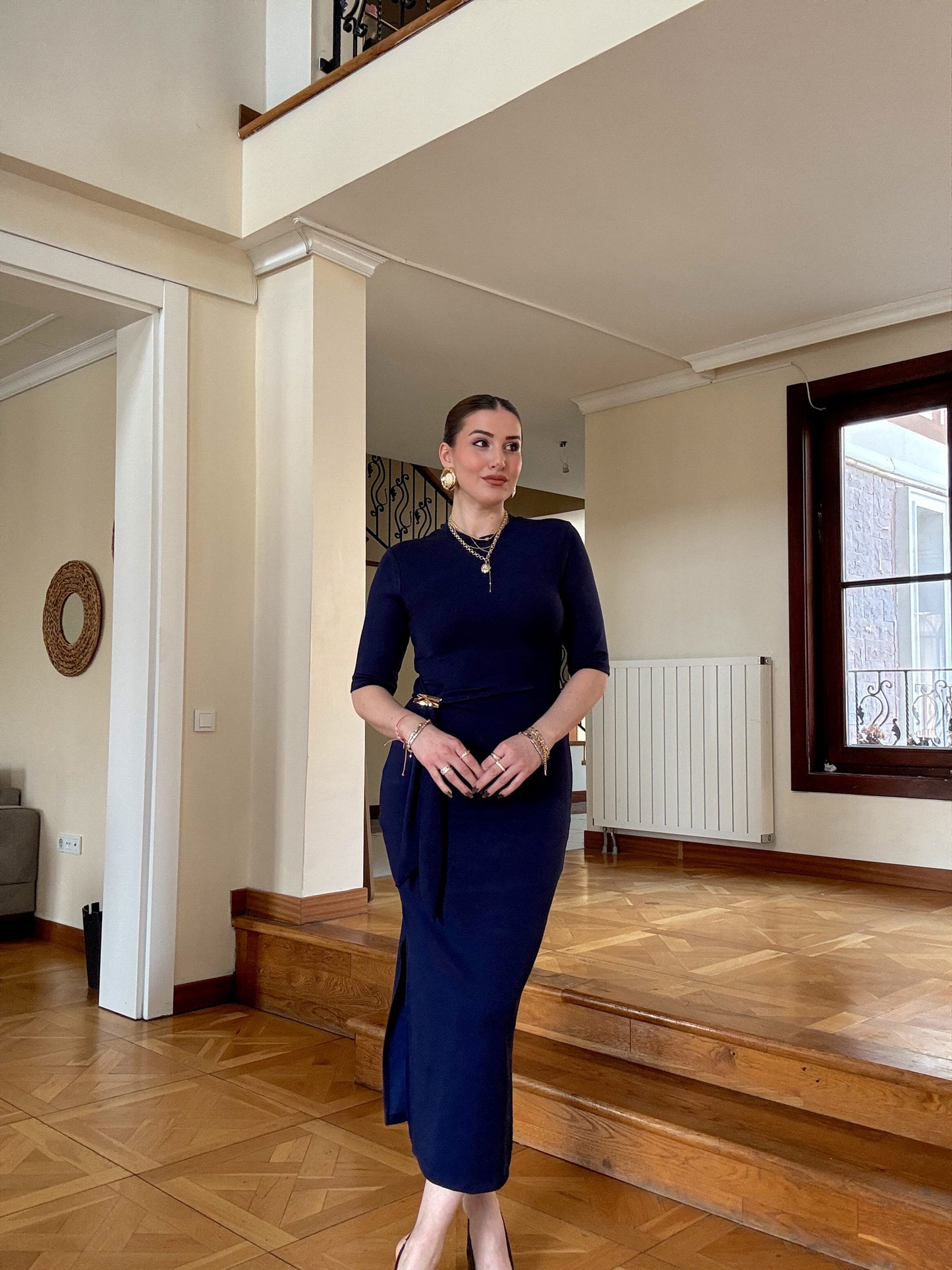 Önü toka detaylı modal elbise LACİVERT