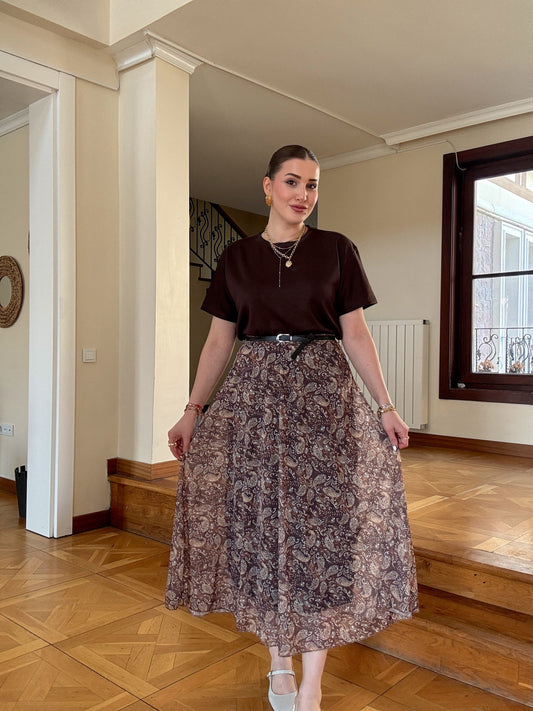 Düz kesim etnik desen kemerli etek Kahve