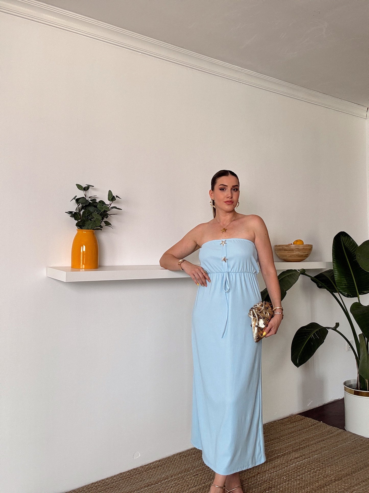 Straplez gold düğme detaylı fitilli elbise MAVİ