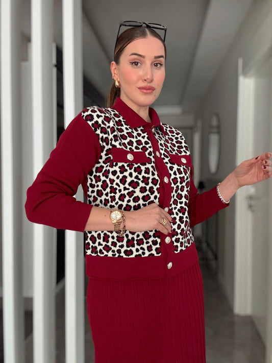 Leopar Desen Etekli Takım - BORDO