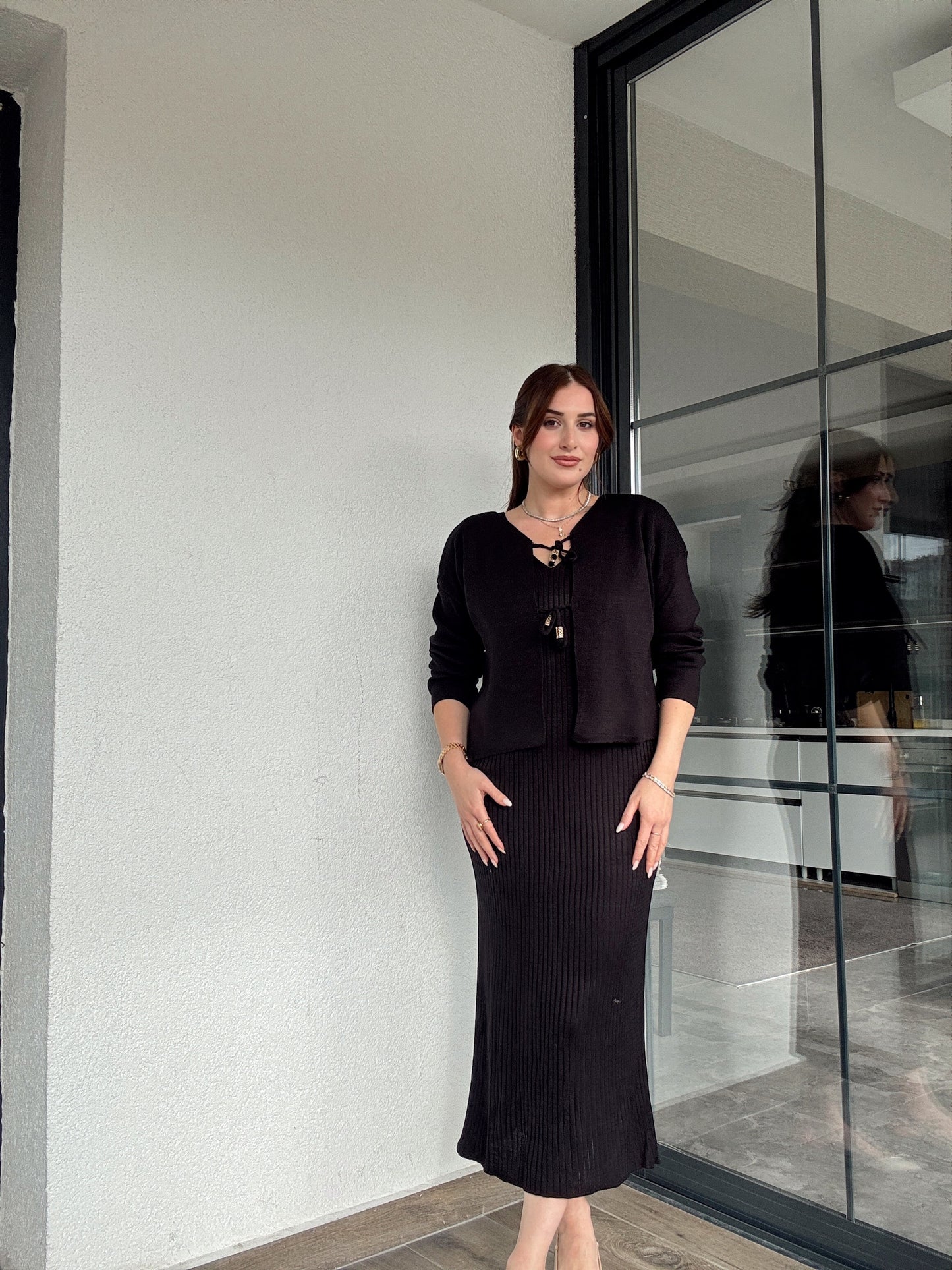 Önü Bağlama Jileli Triko Takım Siyah