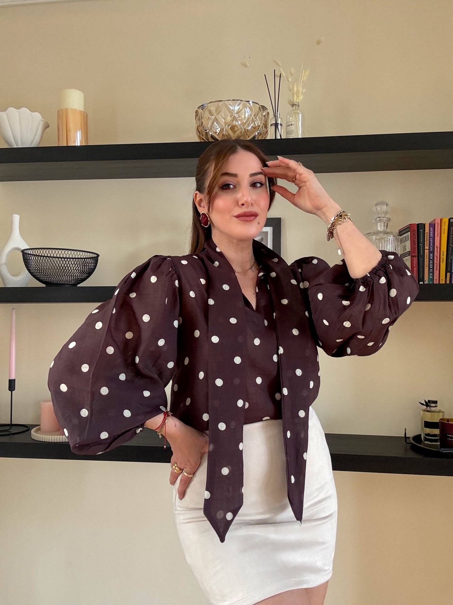 Puantiye desenli viskon gömlek Kahve