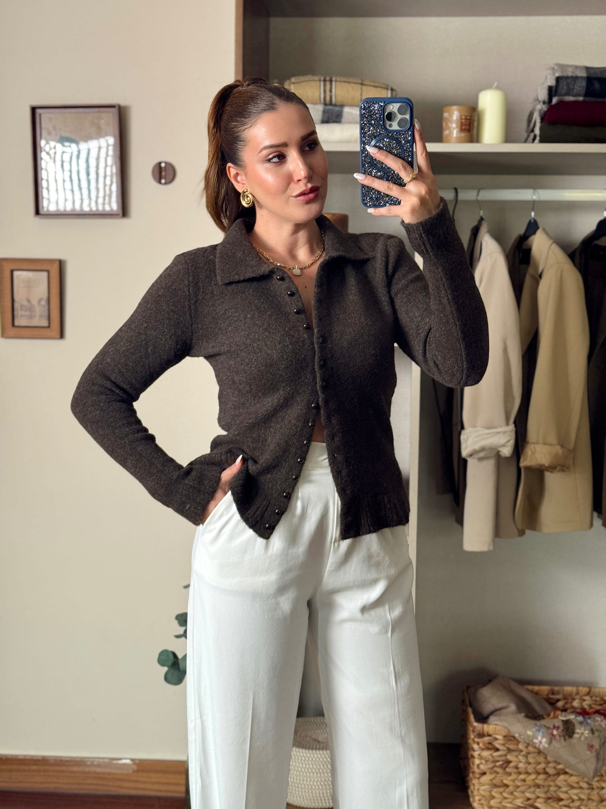Polo yaka yumoş Pinterest hırka kahverengi