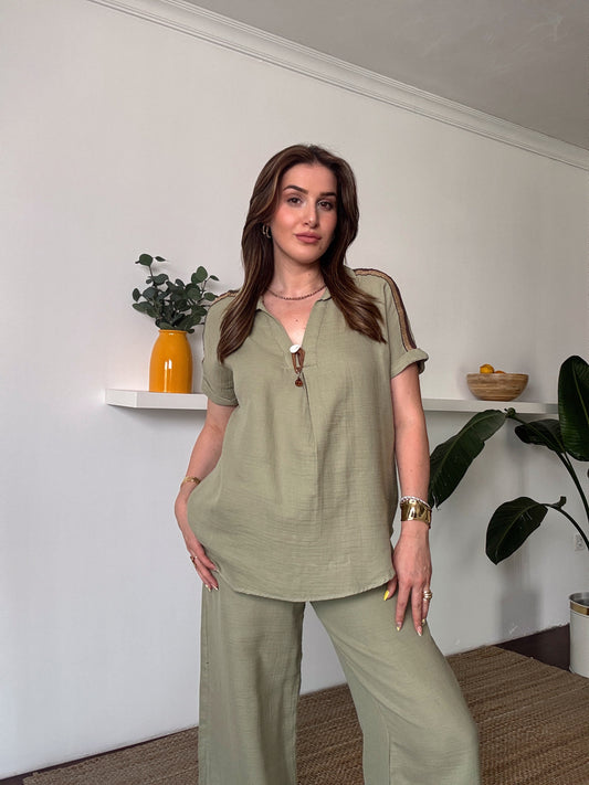 Broşlu Müslin Gömlek Haki