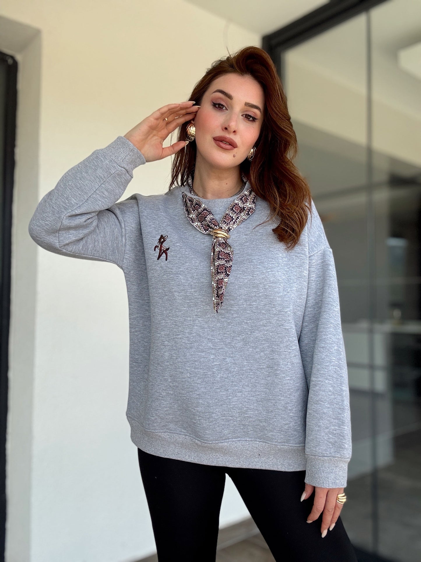 Üç iplik şal yaka sweat-GRİ