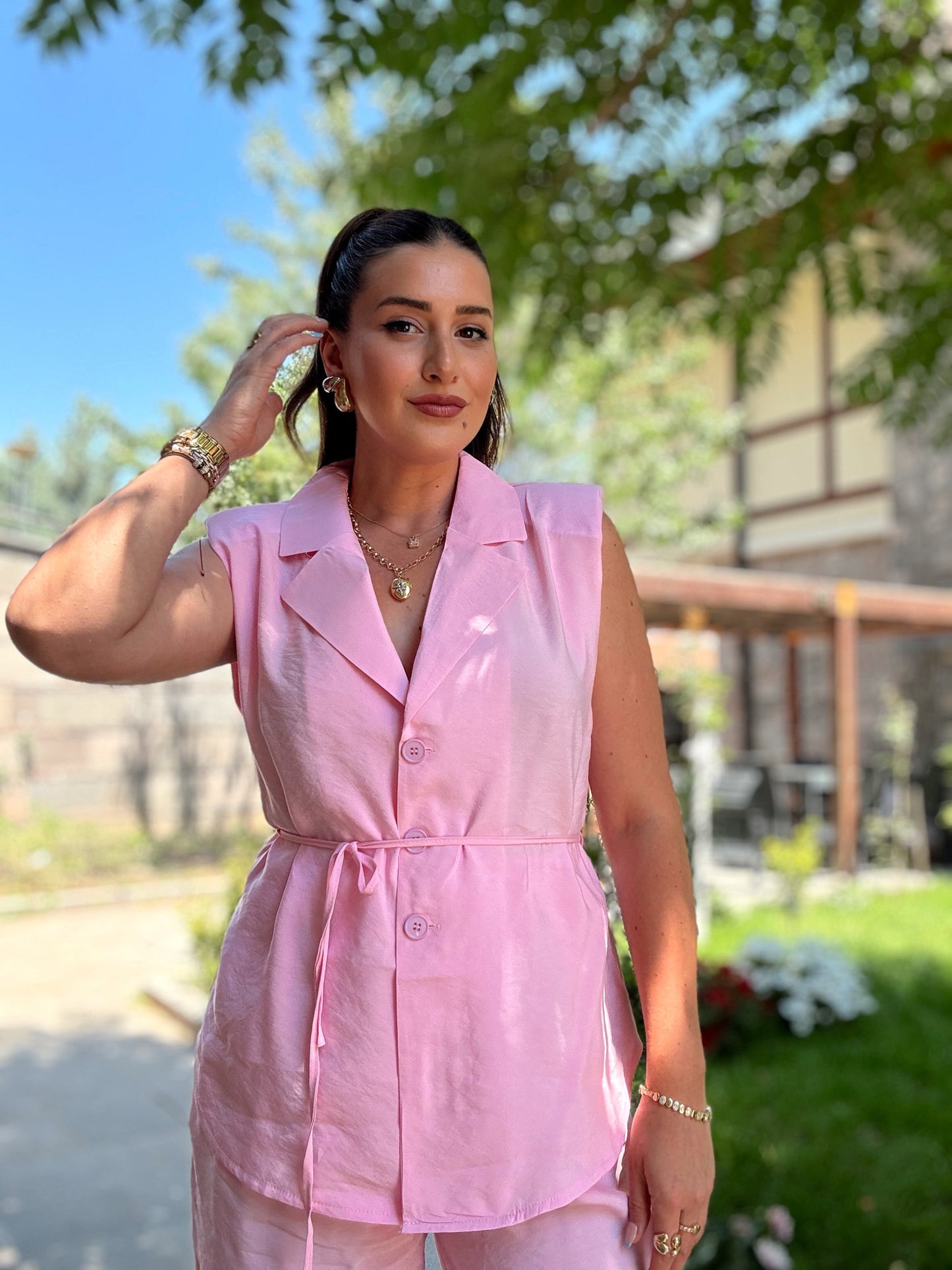 BRUCE tensel kumaş kemerli takım PEMBE