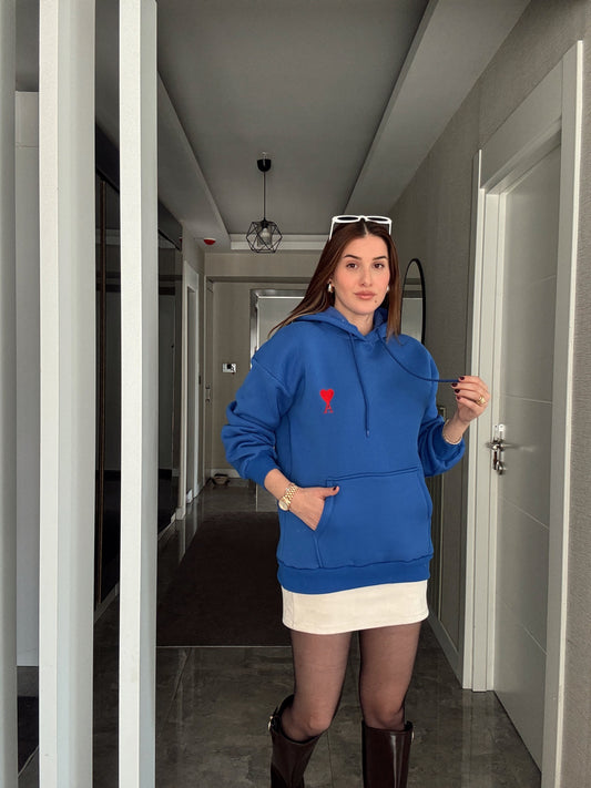 A Nakış Kapüşonlu Şardonlu 3 İplik Sweatshirt - SAKS MAVİ