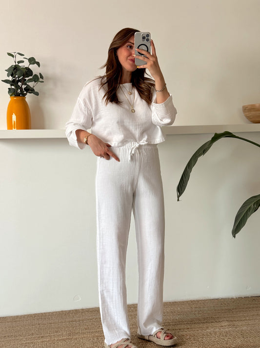 Keten uzun kol crop pantolon ikili takım BEYAZ