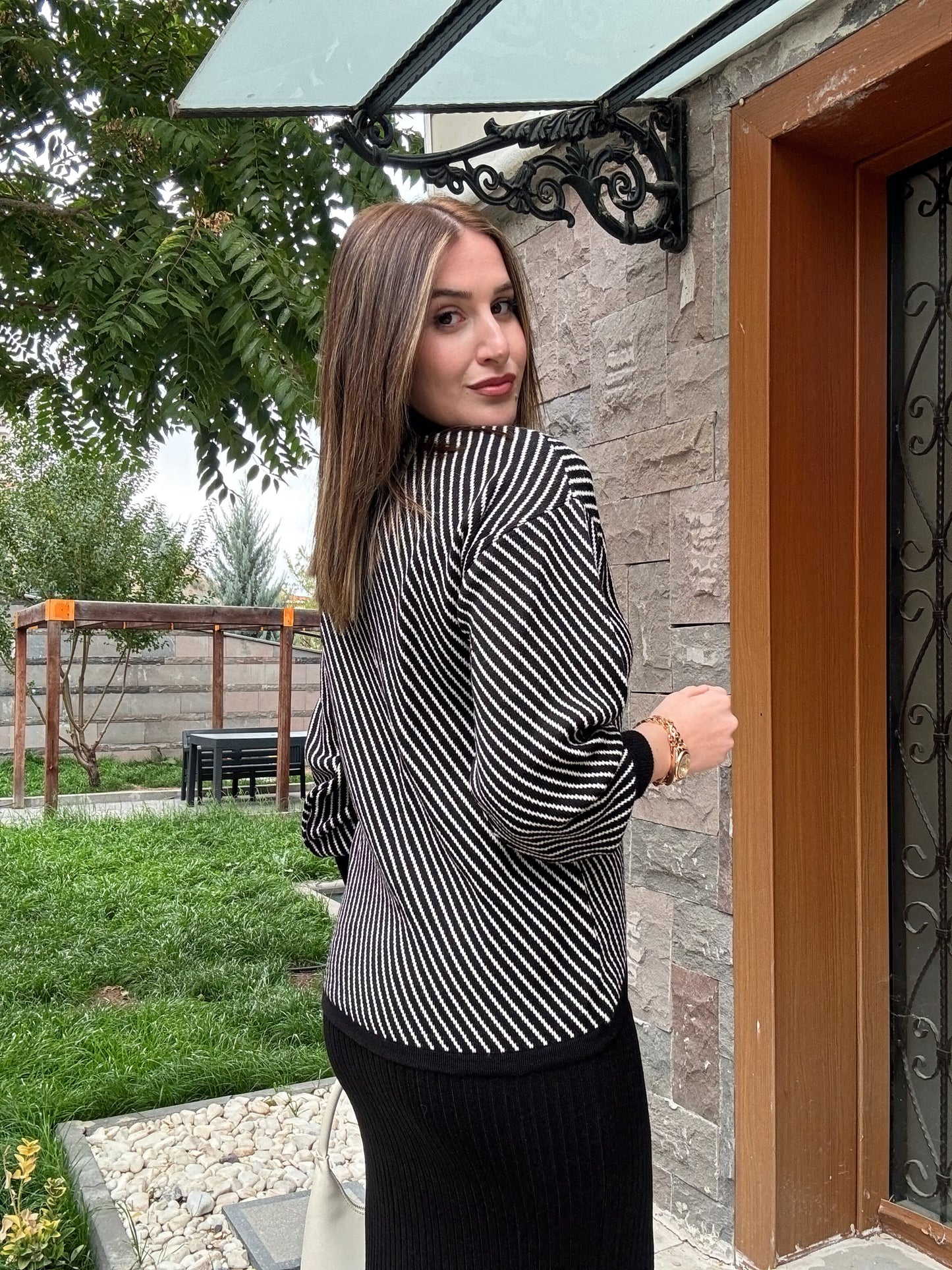 Yatay Çizgili Pikeli Jileli Takım - SİYAH