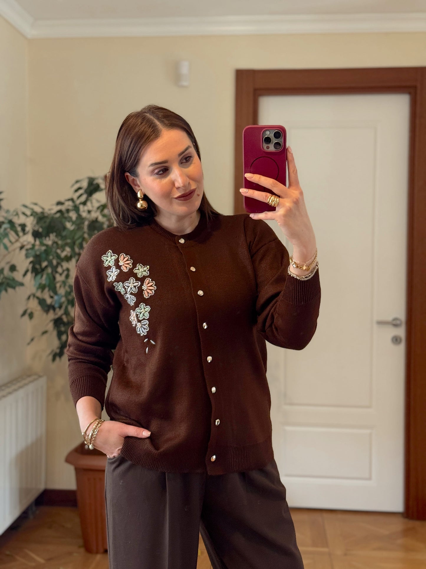 Papatya çiçekli hırka KAHVERENGİ