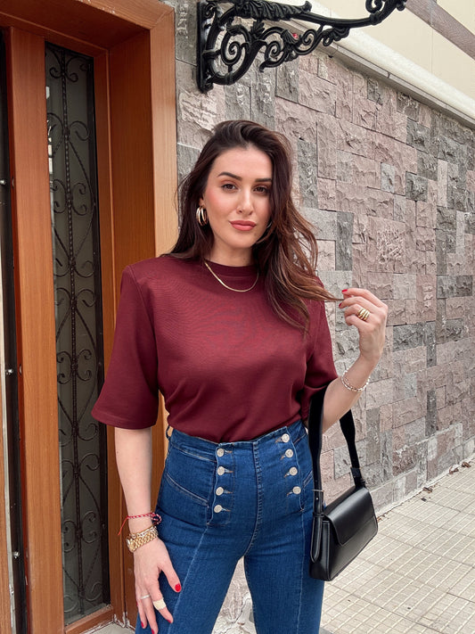 Vatkalı Pamuklu Basic Tişört Bordo