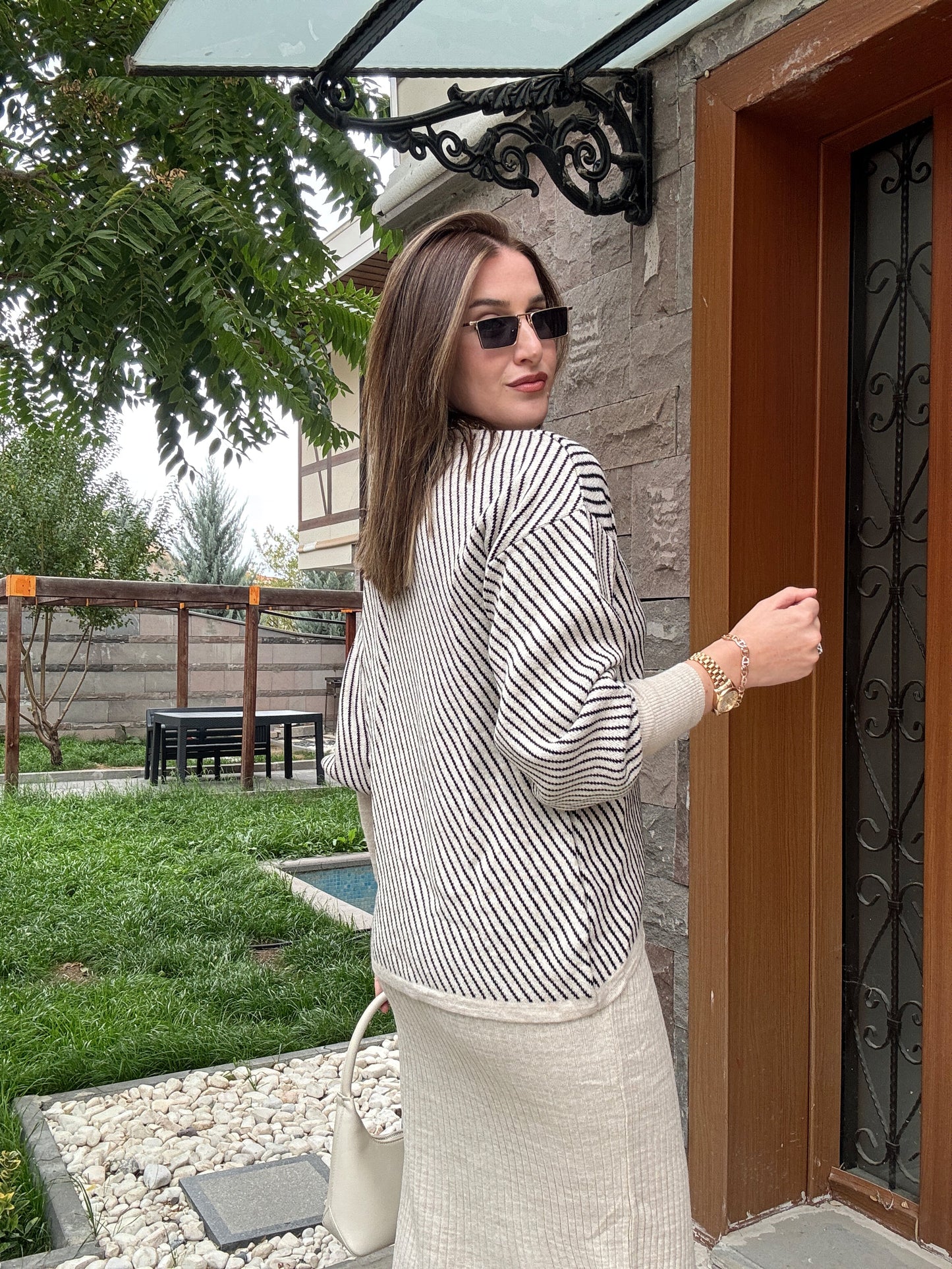 Yatay Çizgili Pikeli Jileli Takım - LATTE