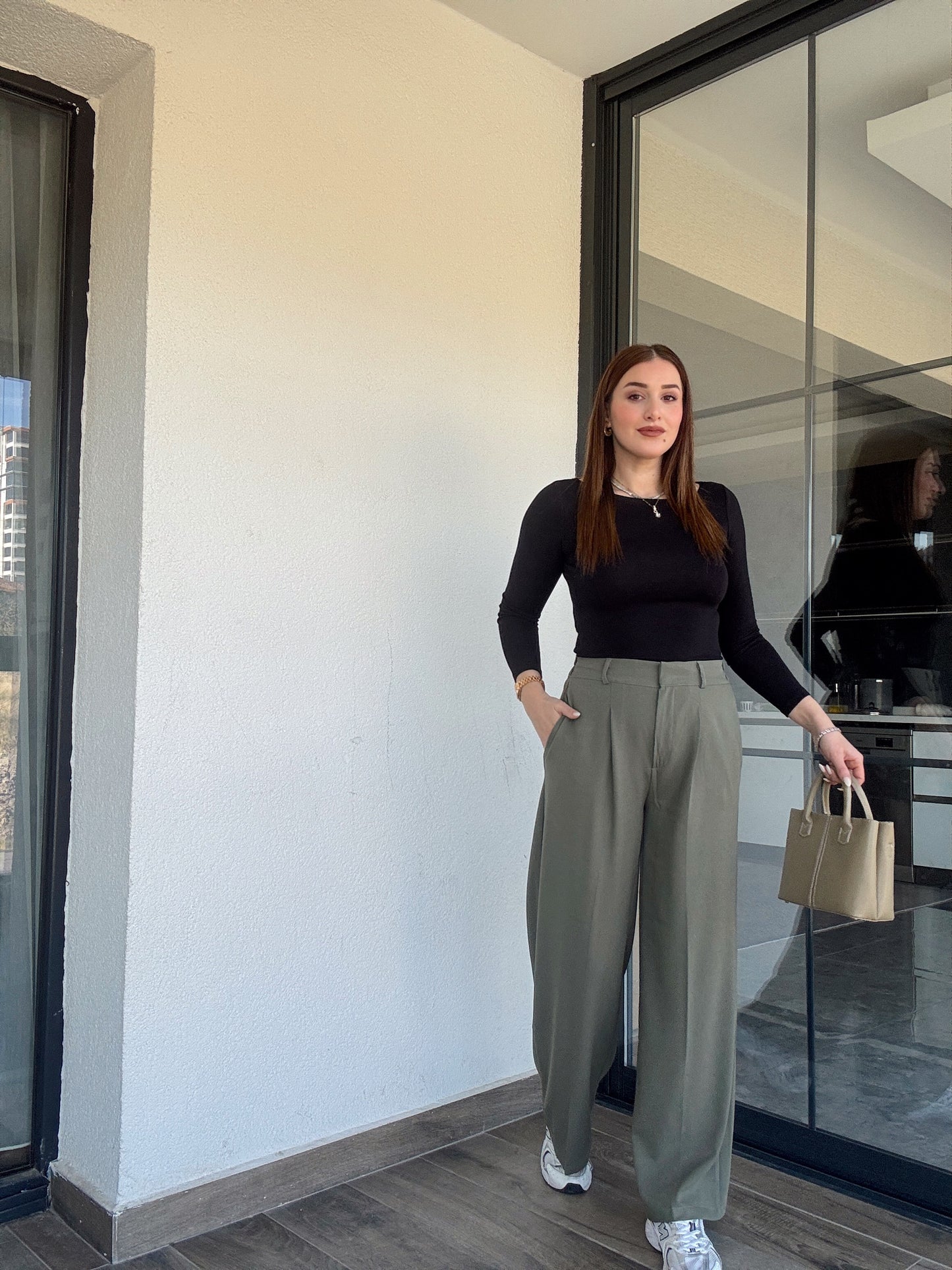 Çıtçıt detaylı palazzo pantolon-HAKİ