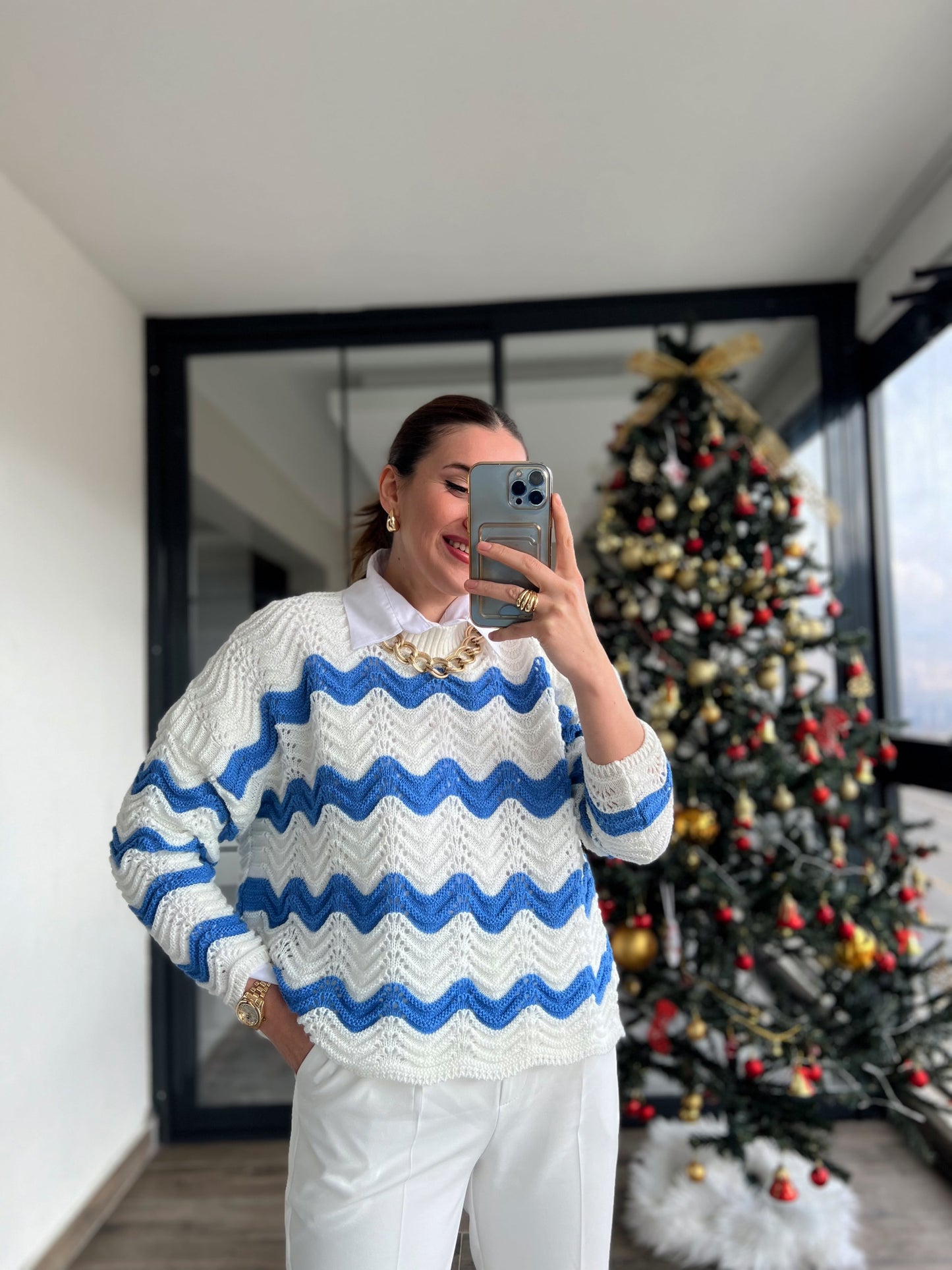 Desenli İki Renkli Triko Kazak - EKRU MAVİ